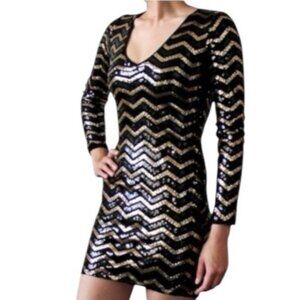 RolyPoly Black & Gold Chevron Print Sequined Long Sleeve Dress Jr Small